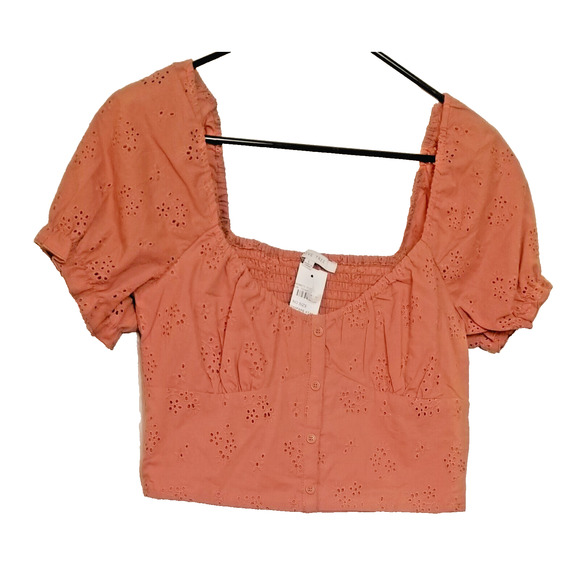NWT - Love Tree - Burnt Orange Eyelet Peasant BOHO Crop Smocked Top Size L - Picture 1 of 8
